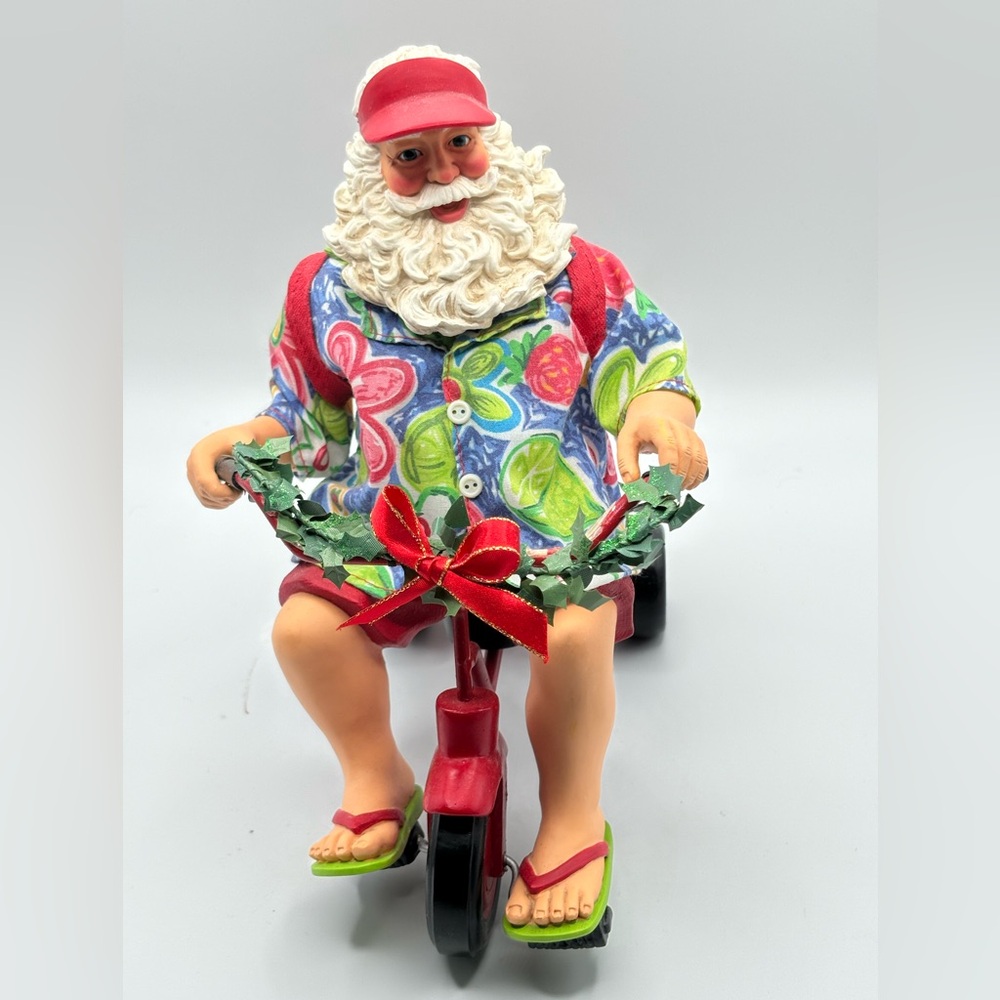 Santa Claus Figure W/ Hawaiian Shirt Red Cap Riding Tricycle Dog Candy Canes 9”